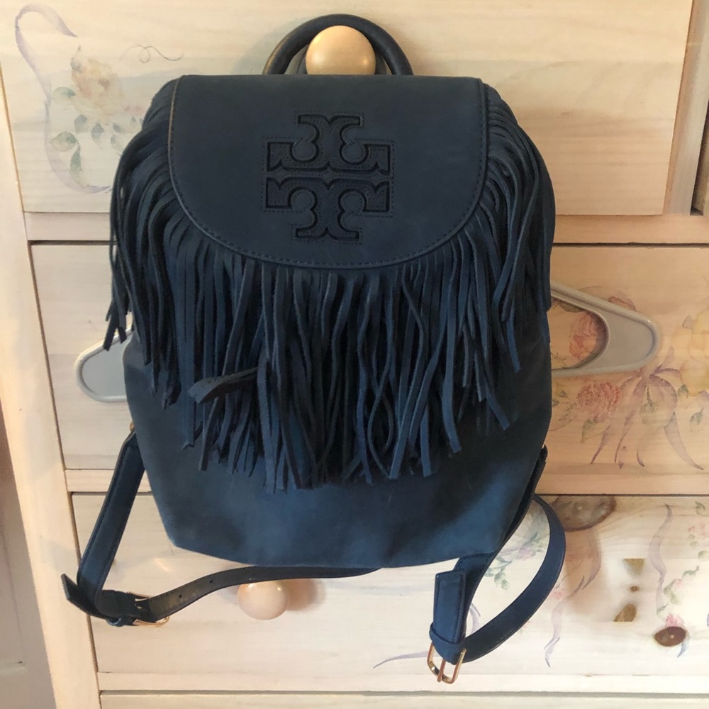 Tory Burch Navy Tassel Suede Backpack